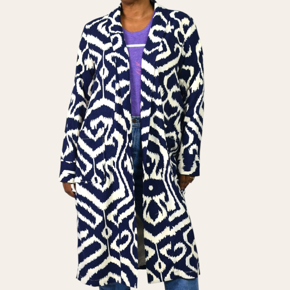 Anthropologie Robbie Duster Jacket Blue Abstract Geometric Open Midi Coat Small - Picture 1 of 13